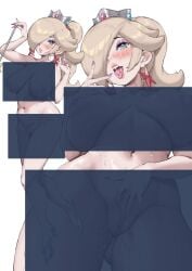blue_eyes blush breasts completely_nude crown earrings female hair_over_one_eye high_ponytail highres holding holding_wand jewelry large_breasts long_hair mario_(series) mini_crown multiple_views nude ponytail pussy pussy_juice rosalina simple_background star_(symbol) star_earrings toggy_keiichi tongue wand white_background yamino_ekakinin