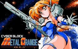 1990 1990s 1girls 90s armwear back black_background blonde_hair breasts cleavage clothed clothing custom_(company) cyberblock_metal_orange earth earth_(planet) english_text female female_only game_cg gloves gun headgear headwear japanese_text light-skinned_female light_skin nipple_bulge panties pc88 pc98 pixel_art ponytail screenshot simple_background solo solo_female text title tomo_(cyberblock_metal_orange) twintails yellow_eyes