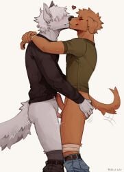 absurd_res andromorph andromorph/male anthro ass belt big_clitoris biped brown_body brown_fur butt_grab canid canine canis clitoris closed_eyes clothed clothing cuntboy domestic_dog duo erect_clitoris fur genitals hair hand_on_butt happy heart_symbol hi_res humanoid_genitalia humanoid_penis intersex intersex/male jeans_down kissing large_clitoris male mammal partially_clothed penis sgguzz shirt side_view simple_background smile standing t-shirt topwear underwear underwear_down white_body white_fur white_hair