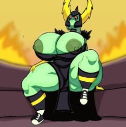 1girls 2025 2_horns big_breasts black_helmet black_legwear breasts clothed clothed_female dialogue disney disney_channel disney_xd evil_face female green_body green_fur green_skin helmet hi_res horn larger_female legs legs_behind_head legs_up lord_dominator mohawk nitrozo red_eyes sex shoes sitting solo solo_female solo_focus vagina vaginal_penetration vaginal_sex wander_over_yonder yellow_horn