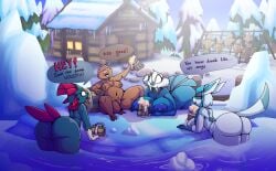 absurd_res alcohol ass barrel beverage big_breasts big_butt black_body black_fur blue_body blue_fur breasts cabin closed_eyes container cup dialogue drunk eeveelution female fur generation_2_pokemon generation_3_pokemon generation_4_pokemon genitals glaceon hi_res huge_butt ice iguanasarecool keg mug nintendo nipples open_mouth pokemon pokemon_(species) pussy slightly_chubby snow speech_bubble substance_intoxication swinub text tusks walrein water weavile