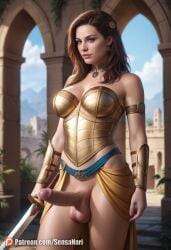 1futa ai_generated armour big_penis breast_plate breasts brown_eyes brown_hair casual_nudity detailed dickgirl erect_penis erection female female_warrior fit_female futa/female futa_only futanari glans half-dressed half_naked hard_on highres hung_futa intersex light-skinned_female light_skin penis realistic sensanari solo solo_futa standing sword warrior