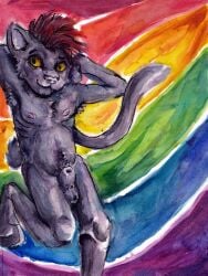 animal_genitalia anthro armpit_hair balls body_hair domestic_cat felid feline felis genitals hands_behind_head hi_res kittee_mortis lgbt_pride male mammal nipples nude painting_(artwork) pride_color_flag pride_colors sheath solo tail watercolor_(artwork) yellow_sclera