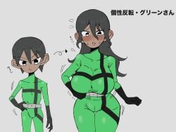 1boy 1girls big_ass big_breasts gender_transformation green_(tabasuko) green_bodysuit mtf_transformation smaller_male tabasuko_(artist) tagme taller_female transformation wide_hips