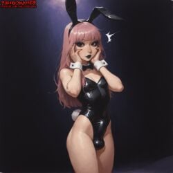1boy 1femboy absurd_res absurdres ai_assisted ai_generated bangs black_eyes black_lipstick bulge bulge_through_clothing bunny_costume bunny_ears bunny_tail bunnysuit caught crossdressing cute cute_face erection erection_under_clothes eyelashes eyeliner femboy girly goth hand_on_head high_resolution highres lipstick long_hair looking_at_viewer makeup male otoko_no_ko petite petite_body petite_male pink_hair shy sissy thecoomjurer thighs tomgirl trap twink