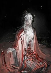 1boy absurdres bamboo_print black_hair blood blood_from_eyes blood_from_mouth blood_on_body blood_on_clothes blood_on_face blood_on_hands blood_on_neck blood_on_weapon coat collarbone dao_gui_yi_xian deep_wound disembowelment eyeball gore grass grey_hanfu guro hair_between_eyes hair_bun highres holding holding_organ horror_(theme) injury intestines li_huowang light_particles long_hair long_sleeves looking_at_viewer male male_focus nail_polish night open_clothes open_coat organs outdoors parted_lips partially_undressed pectorals red_coat red_eyes red_nails ribs robe scar scar_on_chest scar_on_neck scroll shiqi274 single_hair_bun sitting smile solo torn_clothes watermark weapon weibo_watermark wide_sleeves