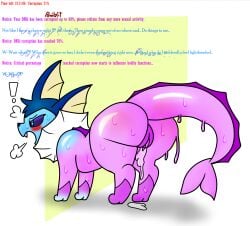 2024 angry artist_name ass blue_body blue_eyes blush bodily_fluids breath collar colored countershade_genitalia countershade_pussy countershading dorsal_frill ear_frill eeveelution english_text exclamation_point fangs female female_feral feral frill_(anatomy) generation_1_pokemon genitals glistening glistening_body goo_drip hi_res human_to_pokemon markings max_(pomiart) neck_frill nintendo nude open_mouth paws pokeball pokeball_collar pokemon pokemon_(species) pomiart purple_body purple_countershading purple_markings purple_sclera pussy quadruped simple_background solo standing sweat tail tail_frill teeth text three-quarter_view vaporeon