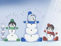 3girls blue_(tabasuko) body_modification genderswap_(mtf) green_(tabasuko) red_(tabasuko) rule_63 snowman tabasuko_(artist) tagme transformation
