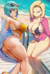 2girls ai_generated android_18 beach big_ass big_breasts bikini bulma_briefs dragon_ball female hoodie jaygoats looking_at_viewer milf milfs one_piece_swimsuit smile string_bikini thick_thighs wink