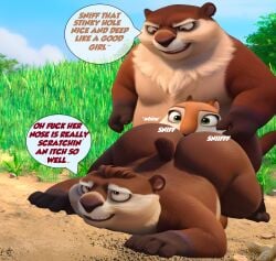 ai_generated andie_(the_nut_job) butt_sniffing female furryainudes groundhog male male/female squirrel the_nut_job