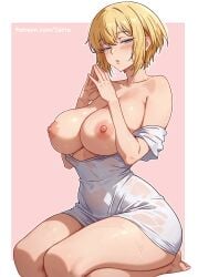 1girls alternate_version_available areolae big_breasts blonde_hair blue_eyes blush breasts breasts_out cetta_(cettadvd) dress_shirt enen_no_shouboutai exposed_breasts female female_only hair half-closed_eyes hands_together huge_breasts nipples on_knees shirt short_hair sister_iris_(fire_force) solo solo_female thighs wet wet_body wet_clothes wet_shirt white_shirt