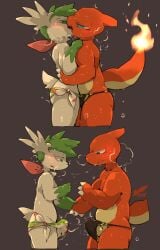 2023 anthro balls black_clothing black_swimwear blue_eyes blush blush_lines bodily_fluids charmeleon claws clothing duo erection erection_under_bottomwear erection_under_swimwear fire flaming_tail french_kissing fur generation_1_pokemon generation_4_pokemon genital_fluids genitals green_body green_eyes green_fur green_hair green_paws grey_background hair hand_holding hand_on_chest hand_on_hip hi_res holding_another holding_close kissing leaking_precum legendary_pokemon looking_at_another male male/male moesouna_gomi multicolored_body multicolored_fur multiple_scenes narrowed_eyes nintendo orange_body pattern_clothing pattern_swimwear penis pokemon pokemon_(species) precum precum_string saliva saliva_string shaymin short_tail side_view simple_background sky_forme_shaymin speedo standing steam sweat sweatdrop swimwear swimwear_only tail tan_body white_body white_fur