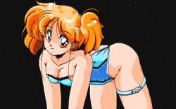 1990 1990s 1girls 90s black_background blonde_hair breasts cleavage clothed clothing custom_(company) cyberblock_metal_orange female female_only game_cg light-skinned_female light_skin pc88 pc98 pixel_art ponytail screenshot simple_background solo solo_female thighs tomo_(cyberblock_metal_orange) twintails yellow_eyes