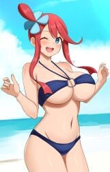 1girls alluring beach blue_eyes blue_sky female nintendo ocean pin_up pokemon pokemon_(anime) pokemon_rse pokemon_rse_(anime) red_hair skyla_(pokemon) surippa1010