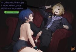 after_blowjob ai_generated belle_(zenless_zone_zero) blonde_hair blue_hair clothed_male cum_drip cum_on_chin dialogue dialogue_bubble elledoesai exposed_breasts exposed_penis flaccid_penis happy_female hugo_vlad laughing partially_clothed red_eyes zenless_zone_zero