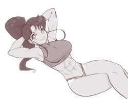 1girls alluring athletic_female big_breasts bishoujo_senshi_sailor_moon breasts crop_top female female_abs fit_female hands_behind_head long_hair looking_at_viewer lying makoto_kino monochrome panties pin_up ponytail scorpdk simple_background sleeveless smiling_at_viewer solo underwear