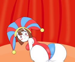 1girls ass blue_eyes booty brown_hair clown clown_girl digital_art fanart female glitch_productions jester jester_hat pomni pomni_(tadc) pomni_(the_amazing_digital_circus) red_eyes sexy sexy_body sexy_pose sfw the_amazing_digital_circus