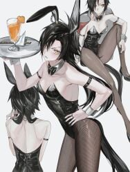 air_shakur_(umamusume) angry annoyed armband black_hair bowtie breasts bunny_ears bunnysuit cleavage eyebrow_piercing female female_only fishnets hand_on_hip horse_ears horse_girl horse_tail jacket_on_shoulders light-skinned_female light_skin looking_at_viewer pale-skinned_female pale_skin pantyhose playboy_bunny short_hair_with_long_locks single_earring sitting small_breasts solo tomboy tray umamusume umamusume_pretty_derby wrist_cuffs yellow_eyes yuyu_(yuuu)