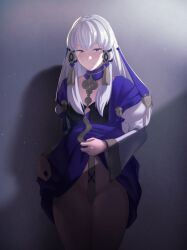 1girls absurdres bare_thighs breasts clothes_lift collarbone convenient_censoring dress dress_lift female female_only fire_emblem fire_emblem:_three_houses highres long_hair long_sleeves looking_at_viewer lysithea_von_ordelia lysithea_von_ordelia_(timeskip) nintendo no_panties pink_eyes pomelomelon shadow small_breasts smile solo standing thighs white_hair wide_sleeves