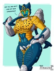bare_arms bare_chest beast_wars cat_humanoid catboy cheetah cheetor claws fangs femboy gay green_eyes hand_on_hip hourglass_figure legs_together leopard_print lgbt_pride pecs pecs_focus robot robot_boy robot_girl smiling_at_viewer solo solo_male spots spotted_body suggestive suggestive_pose text_bubble tfmaster96 thicc thick_thighs toned toned_male transformers twink whip yellow_body