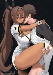 1boy 1girls baseball_jersey black_background black_hair breasts brown_hair censored cleavage clothed_sex commander_(nikke) commentary dark-skinned_female dark_skin english_commentary female goddess_of_victory:_nikke highres ieugama jersey large_breasts long_hair looking_at_viewer male noir_(baseball_cheerleader)_(nikke) noir_(nikke) official_alternate_costume paid_reward_available patreon_username sex short_hair sportswear standing standing_sex straight sweat thighhighs torn_clothes torn_thighhighs vaginal_penetration very_long_hair white_thighhighs yellow_eyes