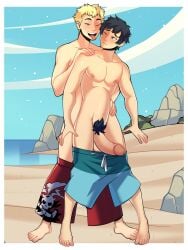 anal anal_sex barefoot biting_lip black_hair blonde_hair blush feet gay hand_on_shoulder looking_at_partner male/male male_only nipples penis persona persona_5 pubic_hair ryuji_sakamoto seaside stomach_bulge swim_trunks swimsuit_down tongue_out wink yaoi yuuki_mishima yuunsfw