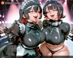 2girls ai_generated asmutcriminal bangs black_gloves black_hair black_panties blush breast_press breasts cellphone city city_lights earrings ellen_joe eyebrows_visible_through_hair female fingerless_gloves frills gloves hair_ornament jane_doe_(zenless_zone_zero) jewelry large_breasts looking_at_viewer maid maid_headdress multicolored_hair multiple_girls navel open_mouth oral_invitation panties phone red_eyes red_hair saliva sharp_teeth short_hair skirt smartphone streaked_hair tagme teeth tongue tongue_out tongue_piercing underwear zenless_zone_zero