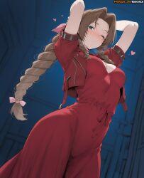 2025 aerith_gainsborough ai ai_assisted ai_generated anime anime_girl anime_style arms_behind_head arms_up artist_name bangs blush bow braid braided_ponytail breasts brown_hair cleavage covered_navel cropped_jacket dress female final_fantasy final_fantasy_vii final_fantasy_vii_remake green_eyes hairbow heart hi_res high_quality high_res high_resolution highres jacket long_dress long_hair looking_at_viewer medium_breasts one_eye_closed parted_bangs parted_lips patreon patreon_username pink_dress red_jacket ribbon rinkoai short_sleeves solo square_enix uncensored watermark