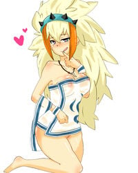 1girls ahe_gao artist_request barioth_(armor) blonde_hair blush bottomless breasts dress female female_focus female_only functionally_nude headgear heart-shaped_pupils licking_lips long_hair looking_at_viewer monster_hunter nipples nipples_visible_through_clothing no_panties on_knees partially_clothed pussy see-through see-through_dress solo solo_focus tongue tongue_out towel uncensored white_background