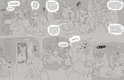2025 anthro biped blush bodily_fluids breasts cane clothed clothing comic cum cum_on_face dialogue dialogue_box door dragon elida_(zerofox1000) english_text european_mythology excalibur_(zerofox) fainting female furred_wings genital_fluids group hair hi_res inside lord_horus_(zerofox) lord_rotgeran_(zerofox) malau male mask membrane_(anatomy) membranous_wings monochrome mythological_creature mythological_scalie mythology nipples scalie speech_bubble spirit text valette_(zerofox1000) western_dragon wings zerofox1000