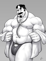 1boy artist_request bara bulge dr._mario dr._mario_(series) facial_hair gay human male male_only mario mario_(series) monochrome muscle nintendo no_color penis pubic_hair solo source_request speedo stethoscope tagme underwear