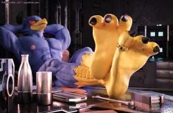 2025 3_toes 3d_(artwork) abs absurd_res avian avian_feet beak bird blender_(artwork) blue_body claws digit_ring digital_media_(artwork) erection falco_lombardi falcon falconid feet foot_focus foot_on_table furniture genitals hi_res humanoid_genitalia humanoid_penis inside jewelry looking_at_viewer muscular nintendo nipples nude paws penis pink_nipples pink_penis ring signature star_fox stormrider table talons text toe_ring toes url yellow_beak
