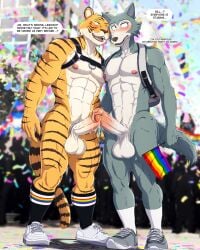 4:5 abs accessory anthro backsack balls beastars big_balls bill_(beastars) blush bodily_fluids canid canine canis clothing cock_ring confetti dialogue dream_and_nightmare dripping duo embarrassed erection felid footwear foreskin fur genital_fluids genitals harness hi_res jewelry legoshi_(beastars) lgbt_pride male male/male mammal muscular muscular_male nipple_piercing nipples open_mouth pantherine pecs penis penis_accessory penis_jewelry piercing precum precum_drip pride_colors pride_parade public public_nudity rainbow_flag rainbow_pride_flag rainbow_symbol shoes smile sneakers socks striped_body striped_fur stripes sweat teeth tiger wolf