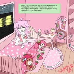 art_request bedroom biting_shirt closed_eyes doggirl female female_only female_solo fingering_self girl_only kawaii knees_up legs_apart masturbation minimal_shading pink_hair playing_with_breasts puppygirl request shaking_lines sillypuppy69 squirting train
