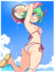 armpits arms_up ass ball beachball bikini blue_eyes blue_sky breasts cloud day female green_hair looking_at_viewer medium_breasts open_mouth sandals short_hair side-tie_bikini sky smile solo swimsuit white_bikini