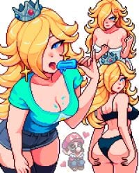 1boy anger_vein ass black_thighhighs blonde_hair blue_eyes breasts brown_hair cleavage closed_mouth collarbone commentary cowboy_shot crown denim denim_shorts earrings english_commentary facial_hair female food from_behind gloves hair_over_one_eye hat heart highres holding holding_food holding_popsicle jewelry long_hair looking_at_viewer looking_back male mario mario_(series) moustache multiple_views naked_towel nintendo open_mouth paid_reward_available pixel_art popsicle princess_rosalina shirt short_sleeves shorts simple_background sitting solo_focus sparkle straight t-shirt thick_thighs thighhighs thighs tongue tongue_out towel wet white_background white_gloves yumykon
