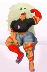alternate_costume calves cartoon_network cracked_horn evulpachinko feet flexing_bicep gem_(species) gradient_background jasper_(steven_universe) jean_shorts large_ass large_breasts long_hair looking_at_viewer multicolored_body muscular muscular_female muscular_thighs sandals seductive_look solo_female steven_universe summer_clothes thick_thighs tight_clothing tight_shirt white_hair yellow_eyes