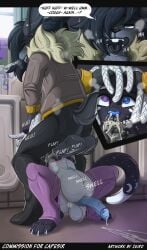 alternate_version_at_source anthro ball_tuft blue_eyes blue_nose blue_penis bodily_fluids bottomless bottomless_male breath chest_tuft claws clothed clothing comic cougar countershading cum cum_drip cum_from_nose cum_in_mouth cum_in_nose cum_inside cum_on_ground dreadlocks dripping duo ear_piercing ejaculation english_text eye_roll facial_markings felid feline gay gay_male genital_fluids genitals grey_body grey_countershading grey_eyes hands-free hare head_grab head_markings heterochromia hi_res inflation irrumatio lagomorph leporid male male/male mammal markings narrowed_eyes nude oral oral_orgasm oral_penetration orgasm penetration penile penis penis_in_mouth piercing purple_body sex sound_effects text toe_claws tuft yaoi zeiro zerva_von_zadok_(capesir)