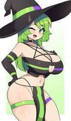 1girls armwear big_breasts cleavage commission crop_top female female_only green_hair hi_res j5daigada loincloth long_hair looking_at_viewer oerba_yun_fang open_mouth smiling smiling_at_viewer solo thick_thighs thigh_strap wink winking_at_viewer witch_hat