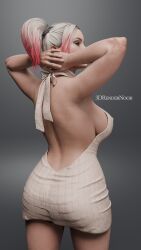 1girls 3d 3d_(artwork) 3drendernoob armpits arms_up backless_outfit blender blonde_hair colored_hair dc_comics female harley_quinn nipple_outline revealing_clothes sideboob solo_focus sweater twintails virgin_killer_sweater