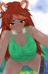 1girls after_orgasm after_sex after_vaginal alternate_version_available bottomless cum dark-skinned_female dark_skin dripping_cum female fox_ears fox_girl half-dressed looking_at_viewer looking_satisfied pov pussy q08 red_hair self_upload sex shaking shaved_pussy straddling sweat sweating tagme terraria vagina zoologist_(terraria)