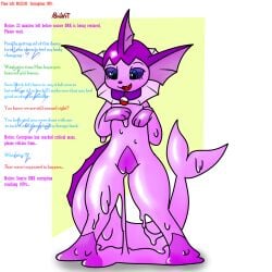 1:1 2024 anthro biped blue_eyes collar colored countershade_crotch dialogue ear_frill english_text female frill_(anatomy) genitals glistening gloves_(marking) goo_creature goo_drip handpaw head_crest head_frill hi_res human_to_pokemon leg_markings looking_down_at_self markings max_(pomiart) neck_frill nintendo nude open_mouth open_smile paws pokeball pokeball_collar pokemon pomiart puddle purple_body purple_markings purple_sclera pussy semi-anthro smile socks_(marking) solo standing tail tail_frill text