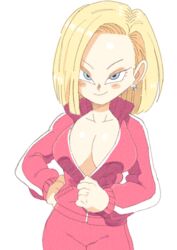 1girls android_18 big_breasts blonde_hair blue_eyes blush cleavage dragon_ball dragon_ball_super earrings female hand_on_hip inkerton-kun inkuusan large_breasts milf pink_tracksuit short_hair smile smiling solo teasing track_jacket track_pants track_suit unzipped unzipped_jacket unzipping