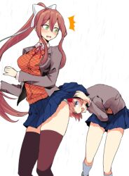 2girls 5_fingers blue_eyes blue_skirt blush bow breasts doki_doki_literature_club edit edited female female_only green_eyes hairbow higuchi_kaede long_hair long_hair_female monika_(doki_doki_literature_club) multiple_girls nijisanji panties rain raining sayori_(doki_doki_literature_club) skirt skirt_lift strawberry_blonde_hair tauyorikikaraa thick_thighs thighs tsukino_mito upskirt virtual_youtuber white_bow white_hair_bow