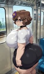 ai_generated angry big_ass big_breasts black_dress blue_eyes brown_hair fat_thighs huge_ass huge_breasts jenny_belle_(slipperyt) lalass looking_away minecraft train white_shirt