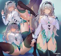 1boy 1girls blue_pupils chi-rol cum cum_in_pussy eyes_closed firefly_(honkai:_star_rail) grey_hair heart heart-shaped_pupils holding_legs honkai:_star_rail honkai_(series) long_hair penetration penis_in_pussy tagme