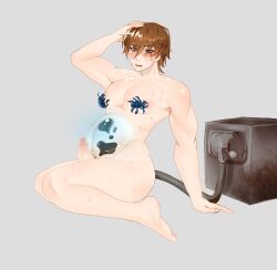 1boy beetle big_belly blue_eyes brown_hair create_my_universe erect_penis erection flip_light glowing inflation machine sweat virtual_youtuber vtuber