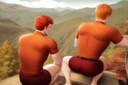 2boys ai_generated bubble_butt butt_focus ginger hills human human_only landscape light-skinned_male light_skin male men_only mountains muscular_man nature nature_background pale_skin red_hair tight_clothing twinks