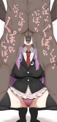 1boy 1girls 2d absurdres arms_behind_back ass bar_censor black_jacket black_thighhighs blazer censored clothed_female_nude_male commentary_request dark-skinned_male fellatio female highres interracial jacket kumiyabe long_hair necktie nude open_mouth oral panties penis purple_hair red_necktie red_panties reisen_udongein_inaba squatting straight testicles thighhighs touhou underwear view_between_legs