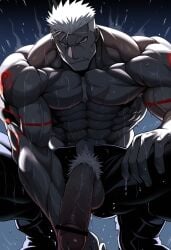 abs ai_generated angry aonoshishi balls bara biceps big_balls big_penis frown fullmetal_alchemist looking_at_viewer looking_down looking_down_at_viewer looming looming_over low-angle_view male male_only male_pubic_hair muscular muscular_male pecs penis scar_(fma) solo squatting wet